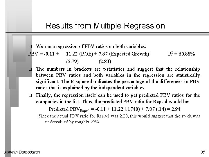 Results from Multiple Regression We ran a regression of PBV ratios on both variables: