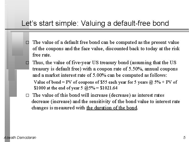 Let’s start simple: Valuing a default-free bond � � The value of a default