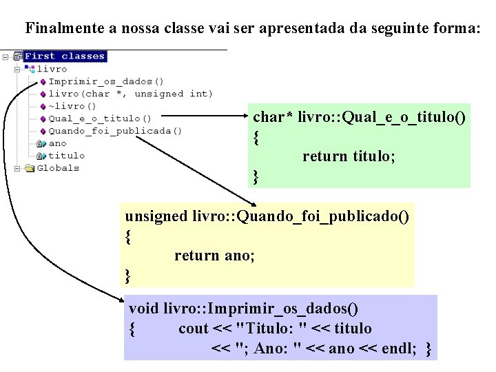 Finalmente a nossa classe vai ser apresentada da seguinte forma: char* livro: : Qual_e_o_titulo()