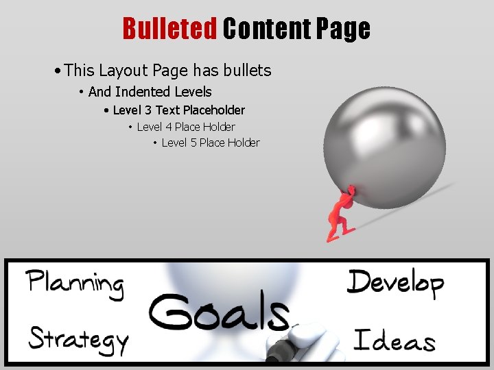 Bulleted Content Page • This Layout Page has bullets • And Indented Levels •