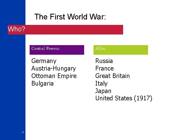 The First World War: Who? 4 Central Powers: Allies: Germany Austria-Hungary Ottoman Empire Bulgaria
