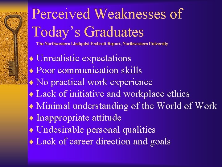 Perceived Weaknesses of Today’s Graduates The Northwestern Lindquist-Endicott Report, Northwestern University ¨ Unrealistic expectations