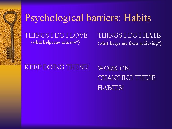 Psychological barriers: Habits THINGS I DO I LOVE THINGS I DO I HATE (what