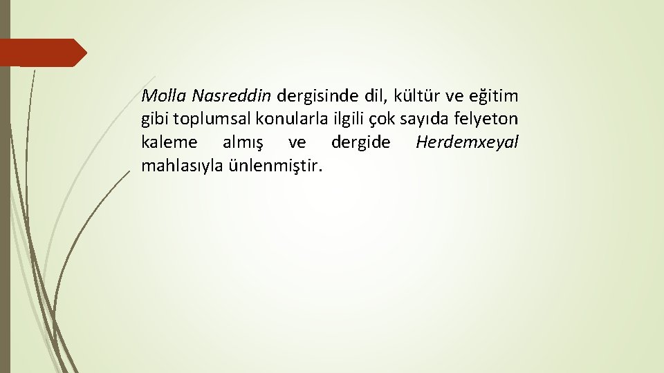 Molla Nasreddin dergisinde dil, kültür ve eğitim gibi toplumsal konularla ilgili çok sayıda felyeton