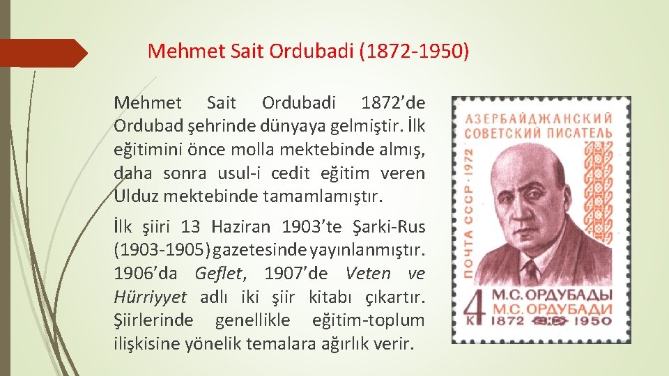 Mehmet Sait Ordubadi (1872 1950) Mehmet Sait Ordubadi 1872’de Ordubad şehrinde dünyaya gelmiştir. İlk