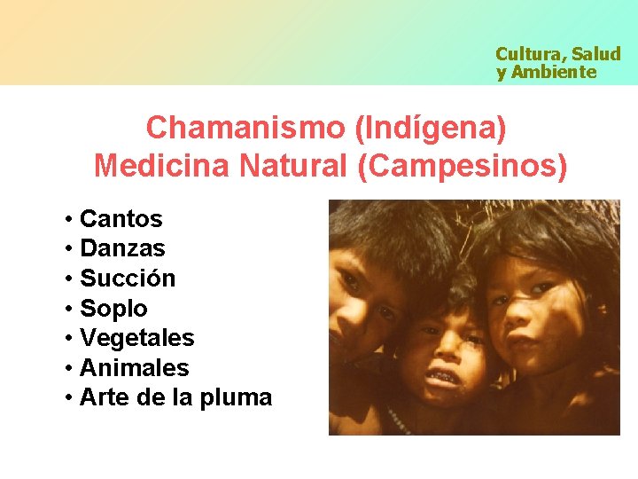 Cultura, Salud y Ambiente Chamanismo (Indígena) Medicina Natural (Campesinos) • Cantos • Danzas •