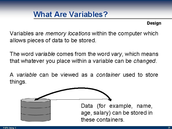 What Are Variables? Design Variables are memory locations within the computer which allows pieces
