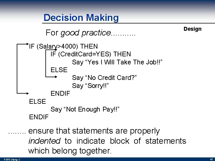 Decision Making For good practice. . . Design IF (Salary>4000) THEN IF (Credit. Card=YES)