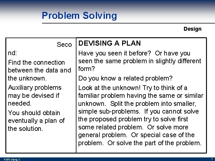 Problem Solving Design Seco nd: Find the connection between the data and the unknown.