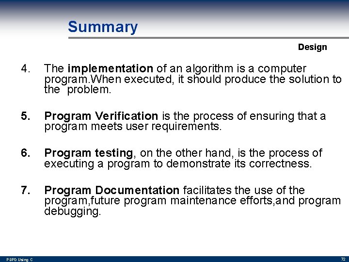 Summary Design 4. The implementation of an algorithm is a computer program. When executed,