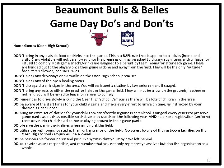 Beaumont Bulls & Belles Game Day Do’s and Don’ts Home Games (Ozen High School)