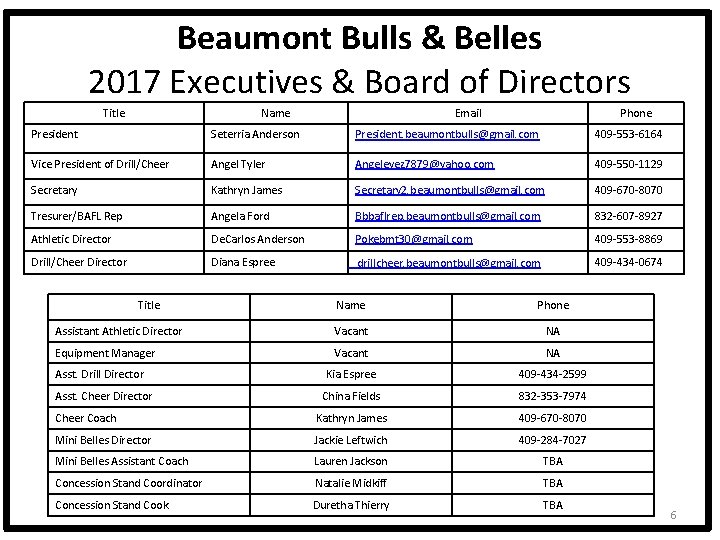 Beaumont Bulls & Belles 2017 Executives & Board of Directors Title Name Email Phone