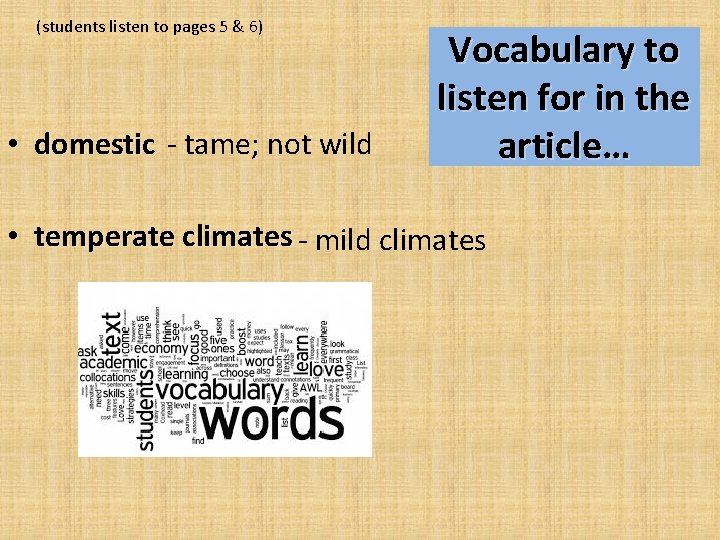 (students listen to pages 5 & 6) • domestic - tame; not wild Vocabulary