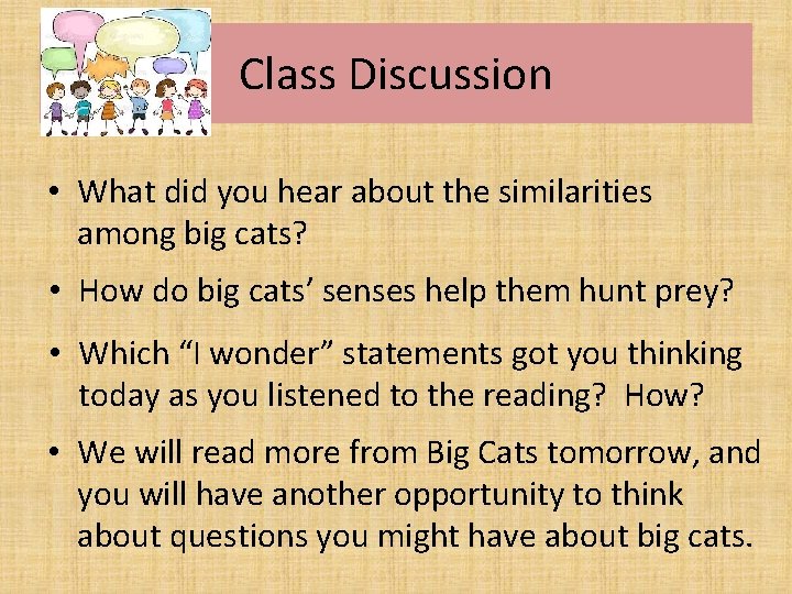 Class Discussion • What did you hear about the similarities among big cats? •