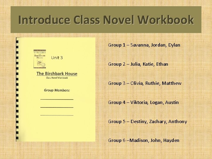 Introduce Class Novel Workbook Group 1 – Savanna, Jordan, Dylan Group 2 – Julia,