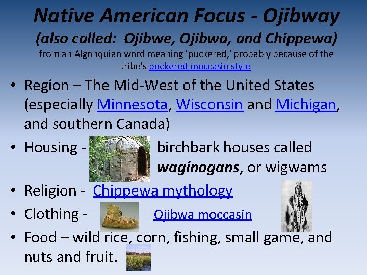 Native American Focus - Ojibway (also called: Ojibwe, Ojibwa, and Chippewa) from an Algonquian