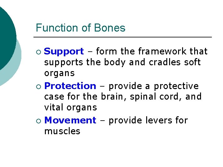 Function of Bones Support – form the framework that supports the body and cradles