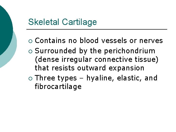 Skeletal Cartilage Contains no blood vessels or nerves ¡ Surrounded by the perichondrium (dense