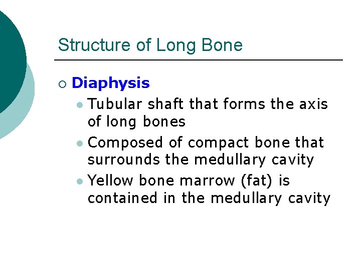 Structure of Long Bone ¡ Diaphysis l Tubular shaft that forms the axis of