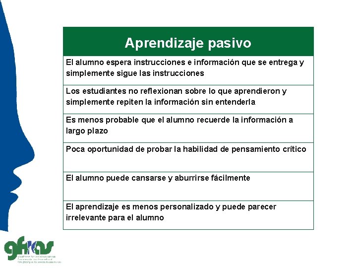 Aprendizaje pasivo El alumno espera instrucciones e información que se entrega y simplemente sigue