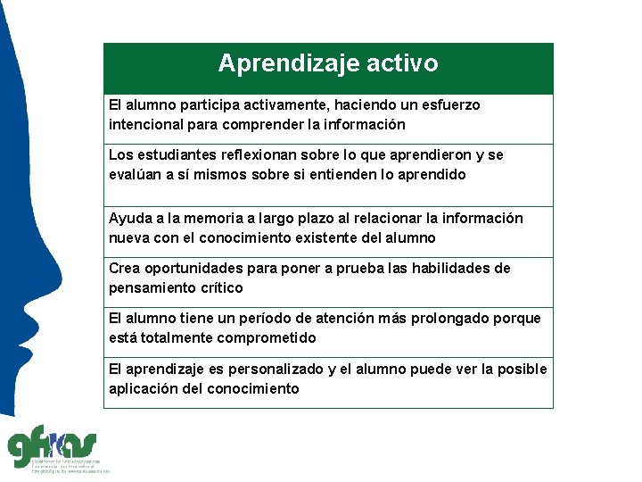 Aprendizaje activo El alumno participa activamente, haciendo un esfuerzo intencional para comprender la información