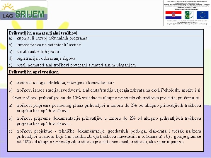 Prihvatljivi nematerijalni troškovi a) kupnja ili razvoj računalnih programa b) kupnja prava na patente