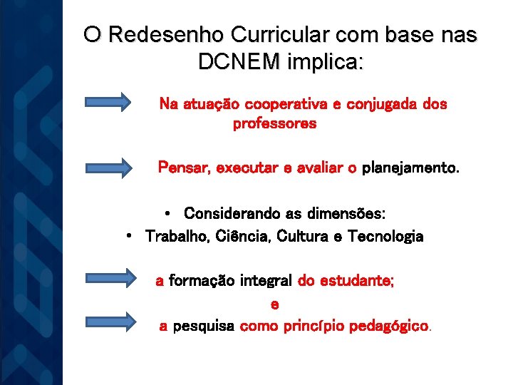 O Redesenho Curricular com base nas DCNEM implica: Na atuação cooperativa e conjugada dos