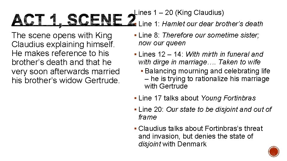 Lines 1 – 20 (King Claudius) § Line 1: Hamlet our dear brother’s death