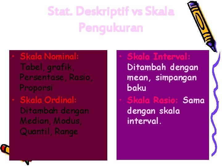 Stat. Deskriptif vs Skala Pengukuran • Skala Nominal: Tabel, grafik, Persentase, Rasio, Proporsi •