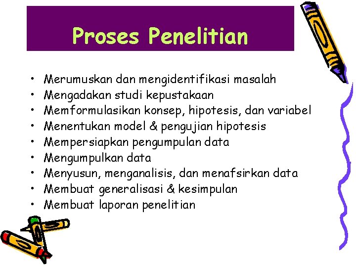 Proses Penelitian • • • Merumuskan dan mengidentifikasi masalah Mengadakan studi kepustakaan Memformulasikan konsep,