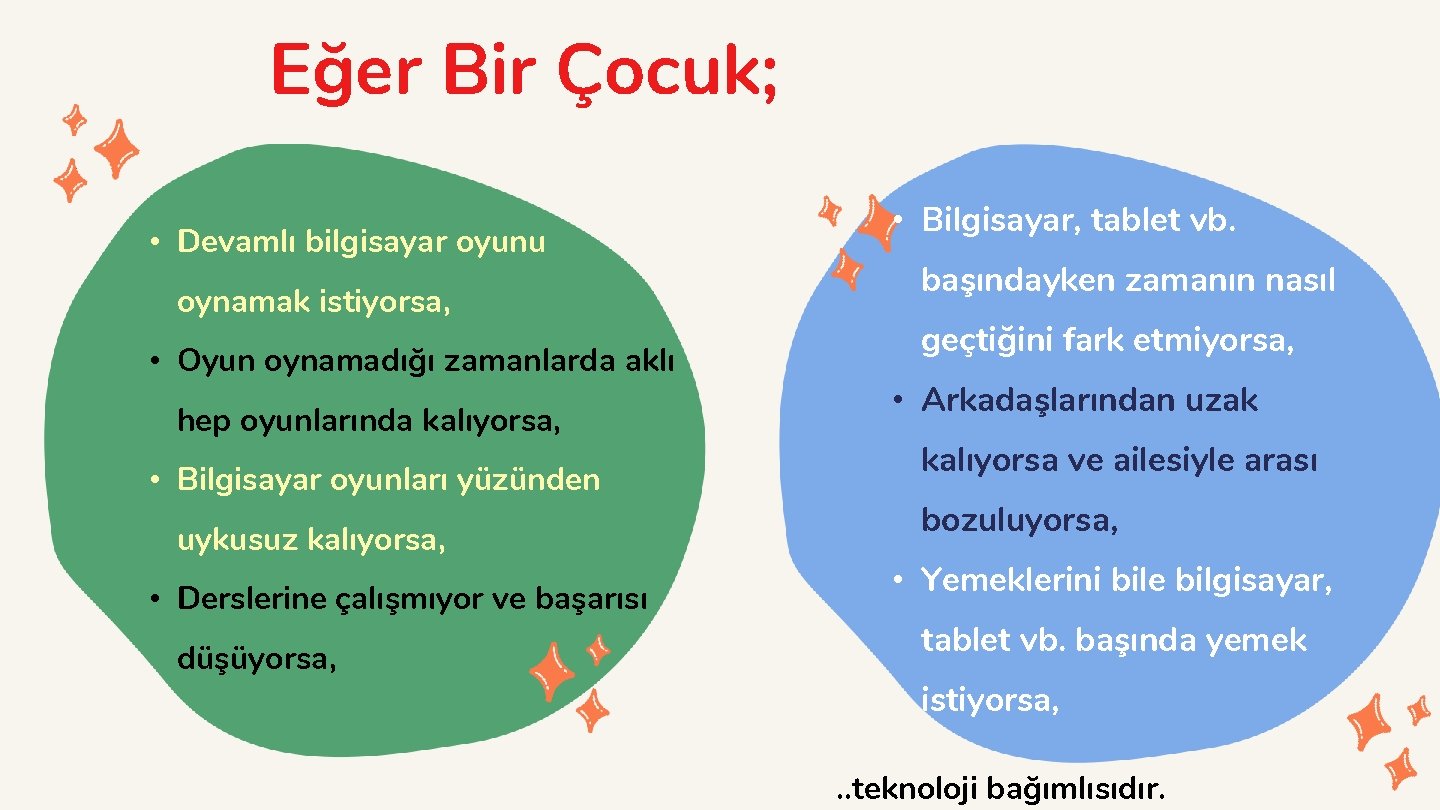 Eğer Bir Çocuk; • Devamlı bilgisayar oyunu oynamak istiyorsa, • Oyun oynamadığı zamanlarda aklı