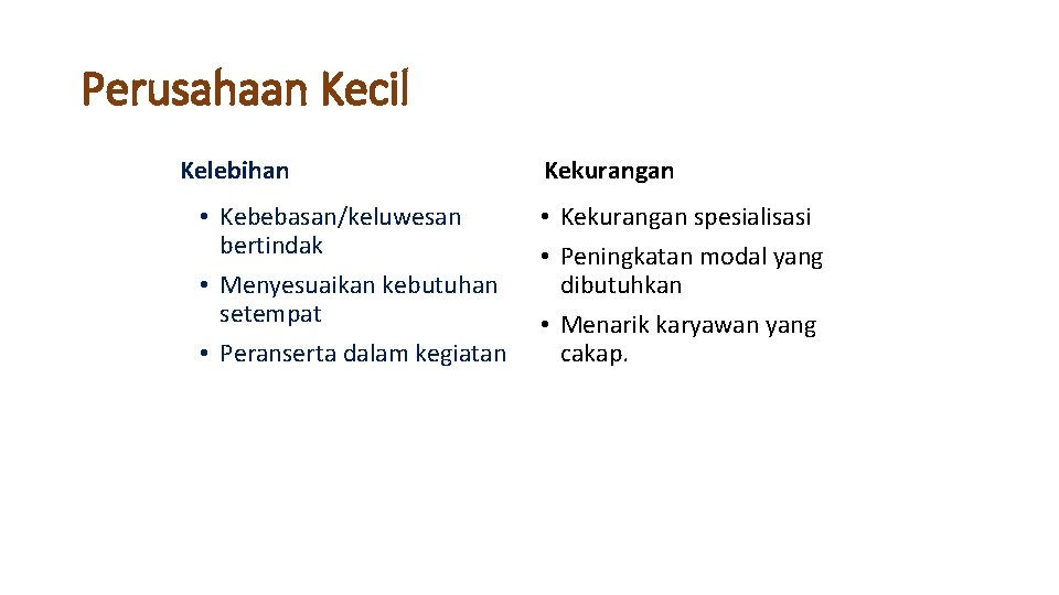 Perusahaan Kecil Kelebihan • Kebebasan/keluwesan bertindak • Menyesuaikan kebutuhan setempat • Peranserta dalam kegiatan