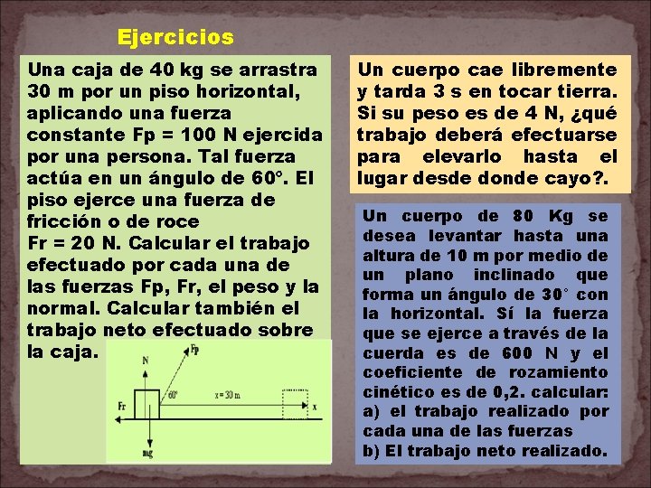 Ejercicios Una caja de 40 kg se arrastra 30 m por un piso horizontal,