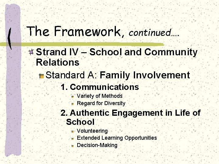 The Framework, continued…. Strand IV – School and Community Relations Standard A: Family Involvement