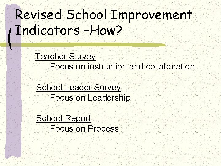 Revised School Improvement Indicators –How? Teacher Survey Focus on instruction and collaboration School Leader