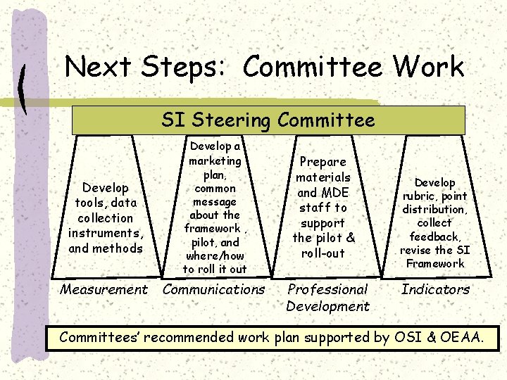 Next Steps: Committee Work SI Steering Committee Develop tools, data collection instruments, and methods