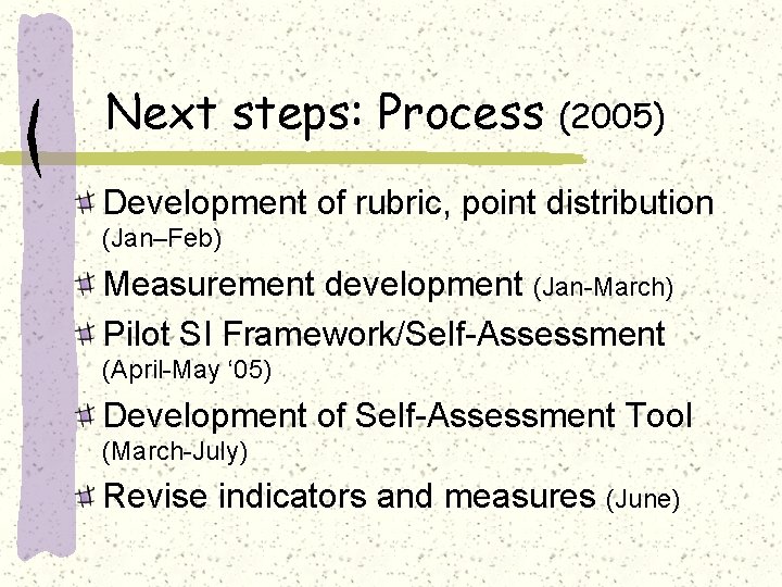 Next steps: Process (2005) Development of rubric, point distribution (Jan–Feb) Measurement development (Jan-March) Pilot