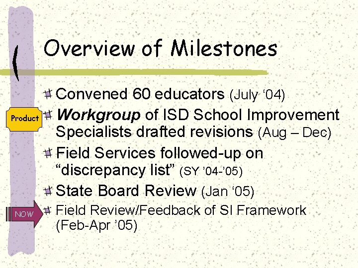 Overview of Milestones Product NOW Convened 60 educators (July ‘ 04) Workgroup of ISD