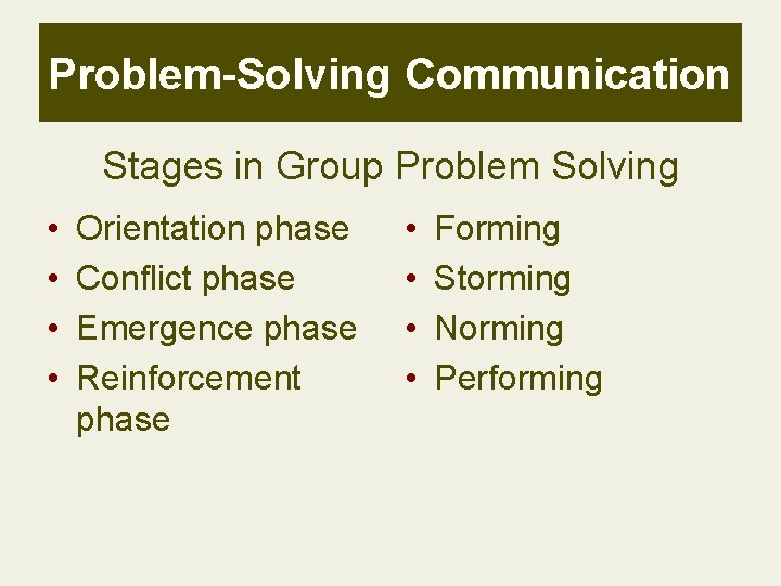 Problem-Solving Communication Stages in Group Problem Solving • • Orientation phase Conflict phase Emergence