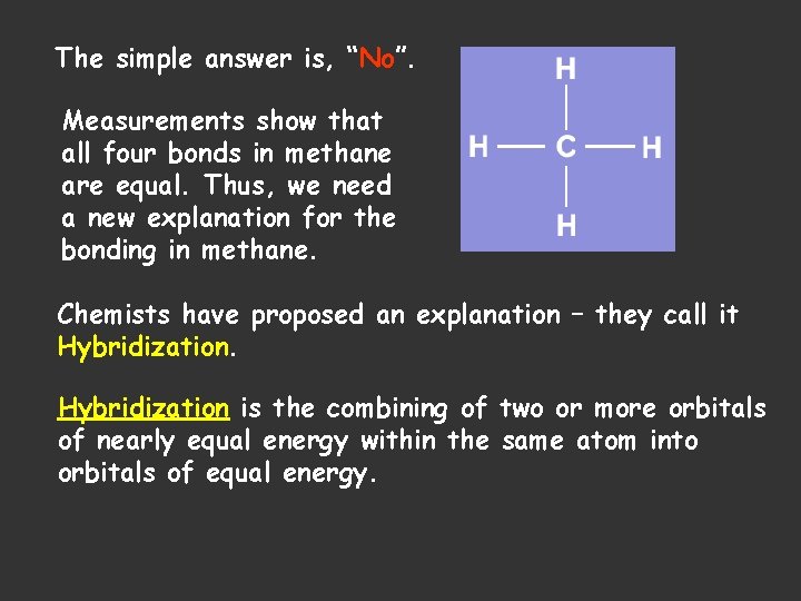 The simple answer is, “No”. Measurements show that all four bonds in methane are