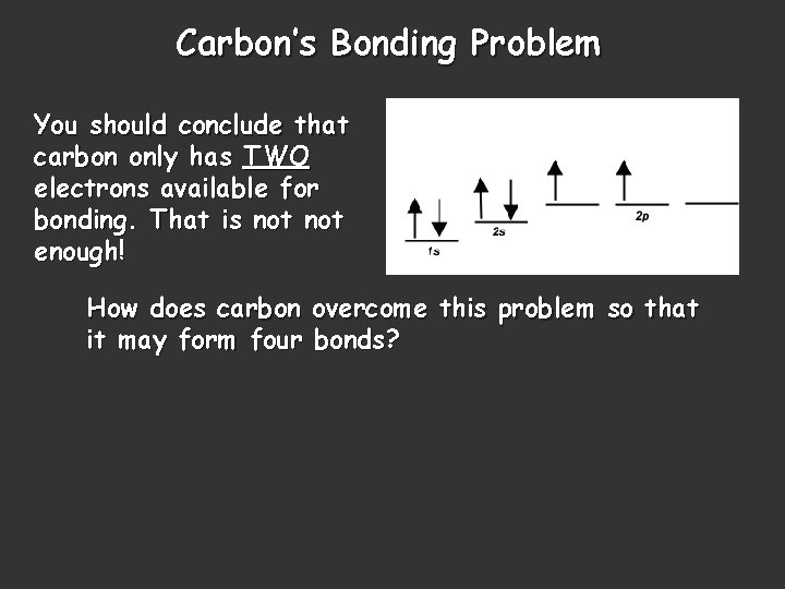 Carbon’s Bonding Problem You should conclude that carbon only has TWO electrons available for