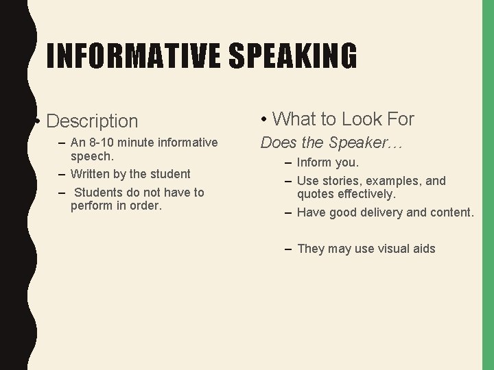 INFORMATIVE SPEAKING • Description – An 8 -10 minute informative speech. – Written by