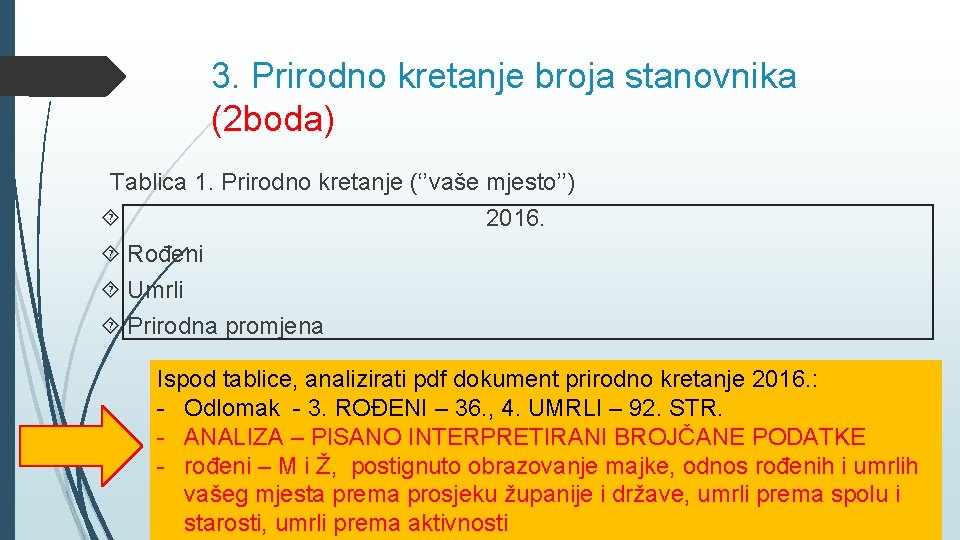 3. Prirodno kretanje broja stanovnika (2 boda) Tablica 1. Prirodno kretanje (‘’vaše mjesto’’) 2016.