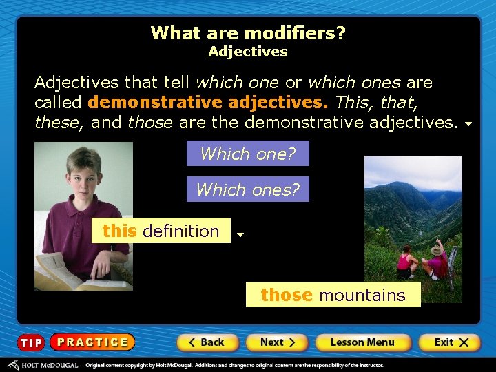 What are modifiers? Adjectives that tell which one or which ones are called demonstrative