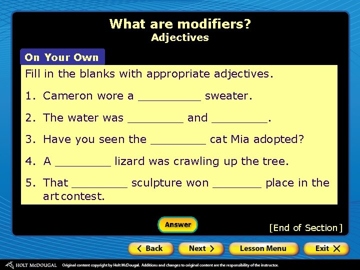 What are modifiers? Adjectives On Your Own Fill in the blanks with appropriate adjectives.