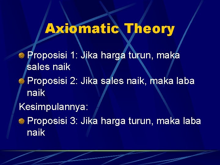 Axiomatic Theory Proposisi 1: Jika harga turun, maka sales naik Proposisi 2: Jika sales