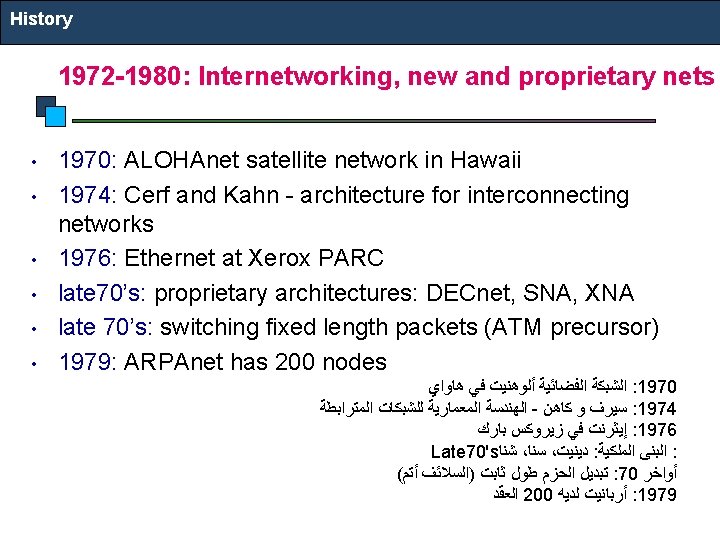 History 1972 -1980: Internetworking, new and proprietary nets • • • 1970: ALOHAnet satellite