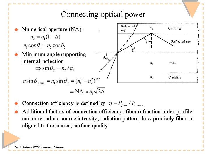 Connecting optical power u Numerical aperture (NA): u Minimum angle supporting internal reflection u