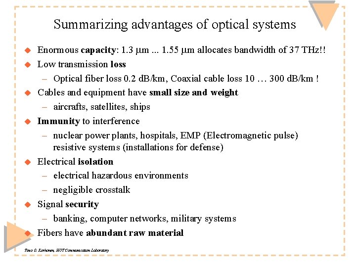 Summarizing advantages of optical systems u u u u Enormous capacity: 1. 3 mm.