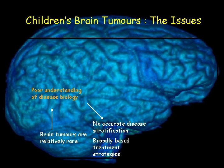 Children’s Brain Tumours : The Issues Poor understanding of disease biology Brain tumours are